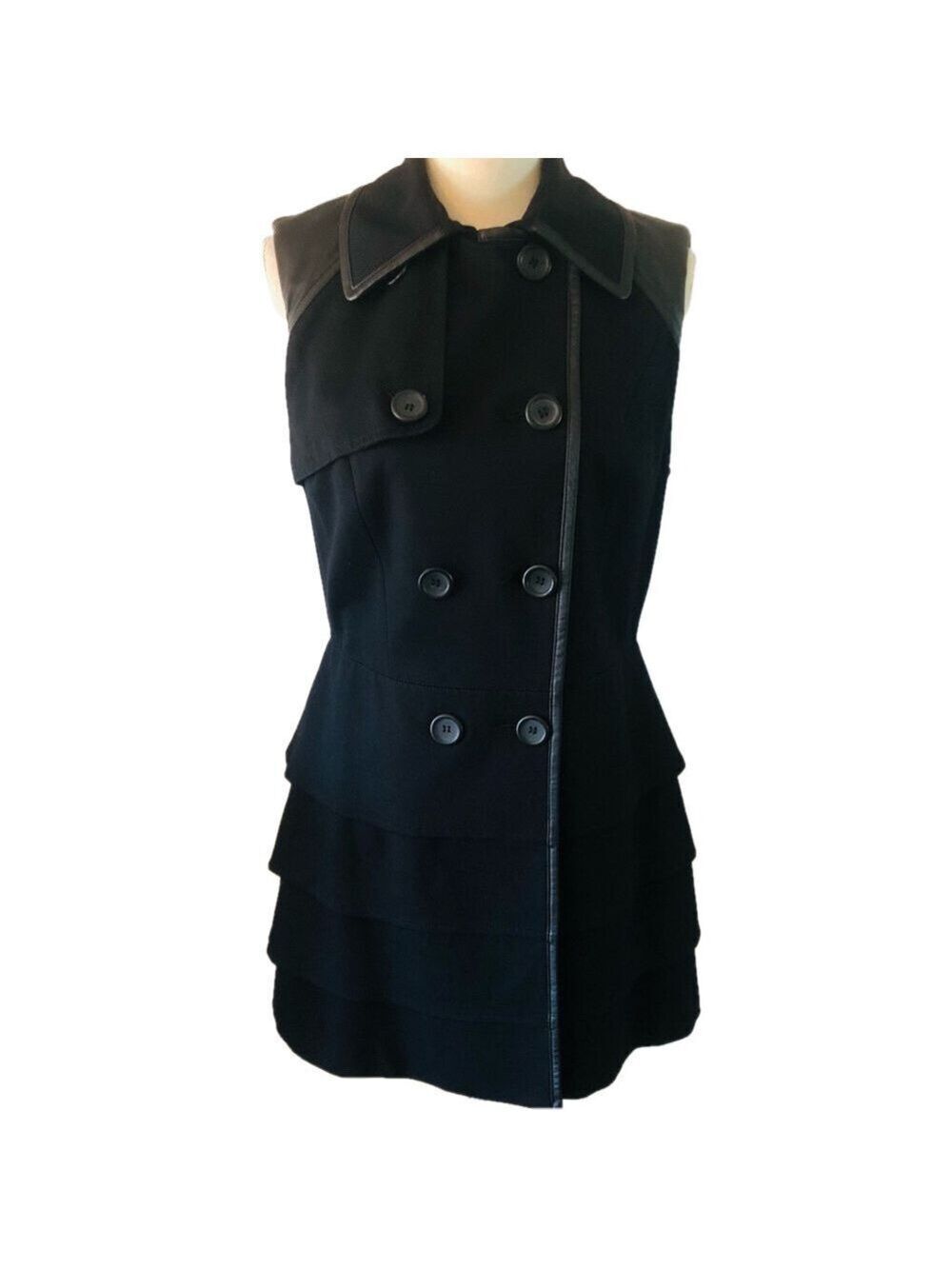 INC Black Sleeveless Double-Breasted Blazer ruffle hem faux leather trim size M